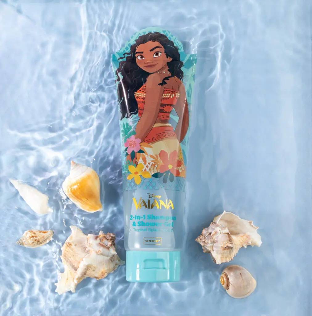 Sence Disney Vaiana-Inspired Shower Gel in blue, shaped tube in water with shells