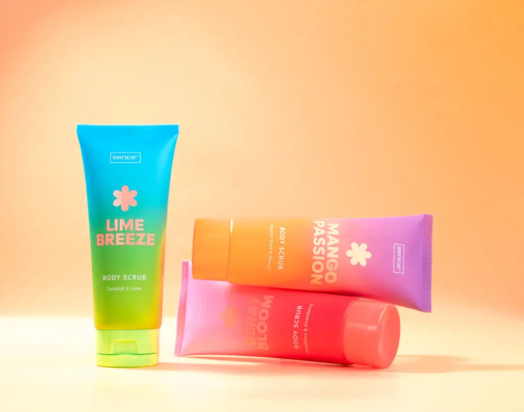 Sence Bloomee Body Scrub tubes in strawberry, mango and lime