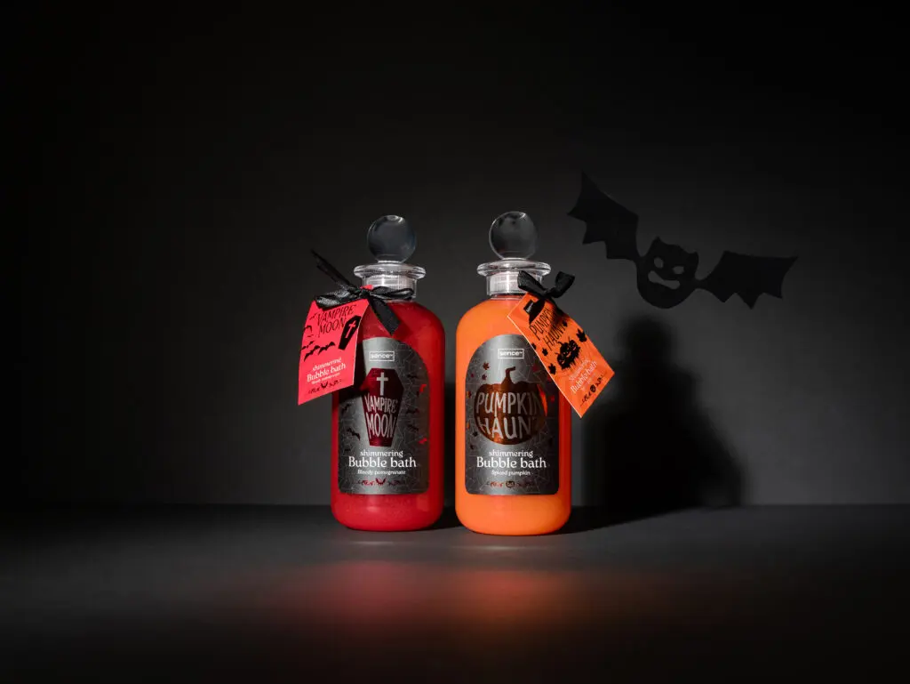 Sence Halloween Shimmering Bath Foam bottles in red and orange