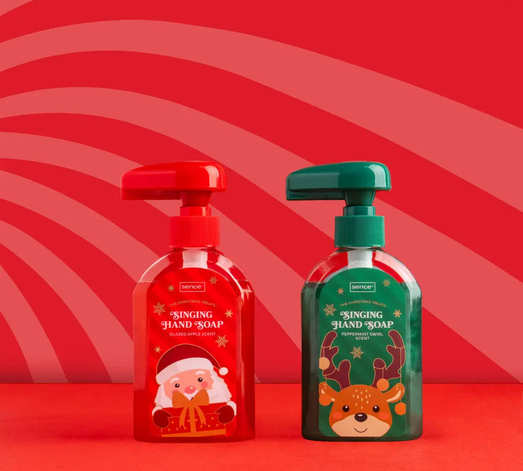 Sence Christmas Treats Singing Hand Soap in green deer and red Santa designs