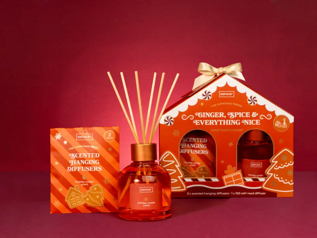 Sence Christmas Treats Gingerbread Home Fragrance Set on a red background