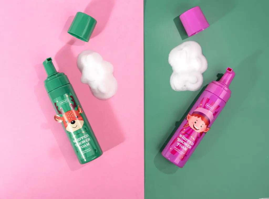 Sence Christmas Treats Whipped Shower Foam in pink elf and green reindeer bottles