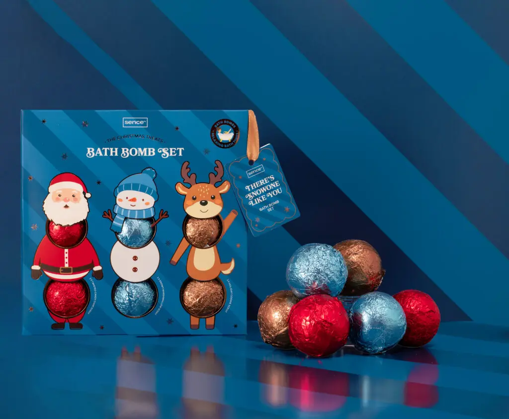 Sence Christmas Treats bath bombs next to their gift box